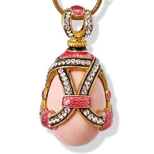 PINK CORAL STERLING Silver Enamel Faberge Art Deco Egg Pendant Swarovski Crystal